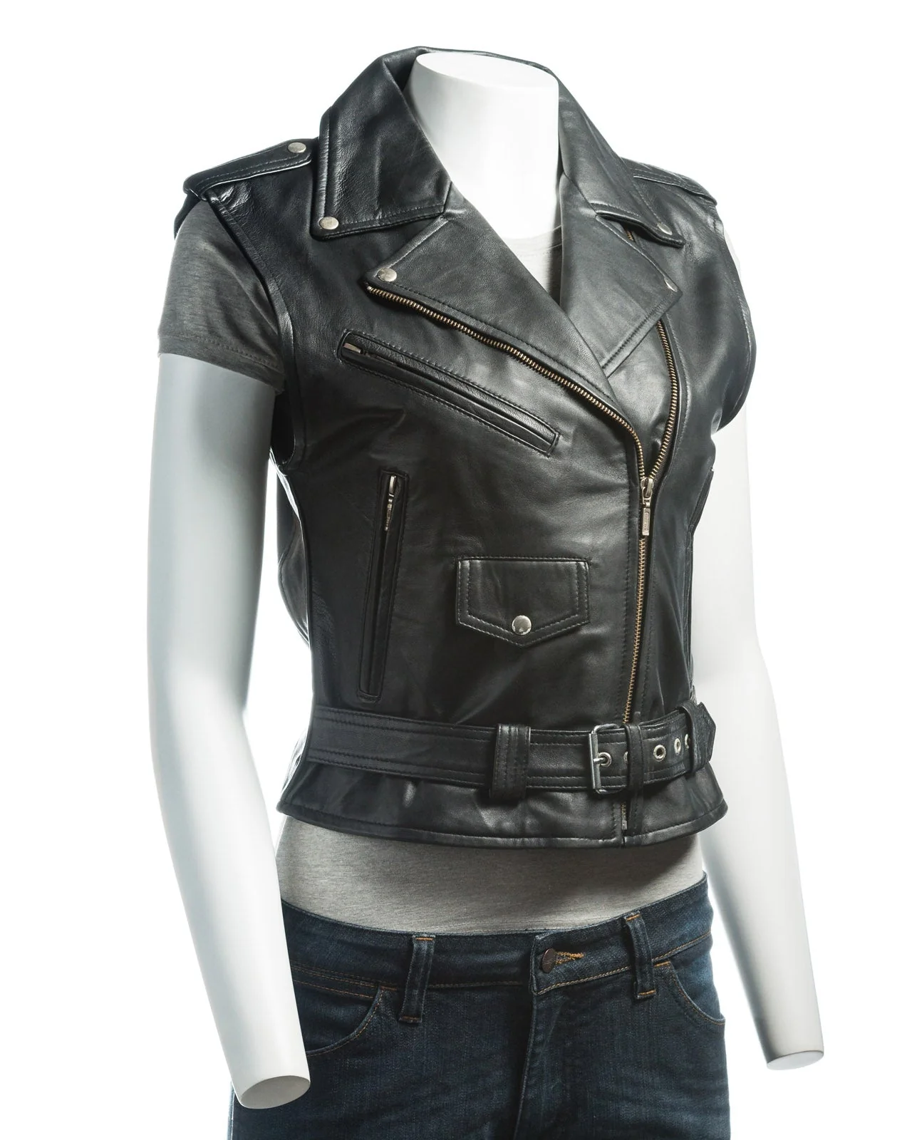 Ladies Black Brando Style Leather Waistcoat